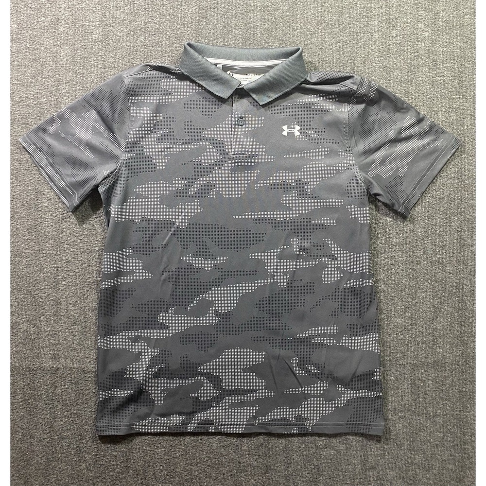 Under Armour Boys Gray Camo Golf Polo Shirt Jacquard Performance YXL
